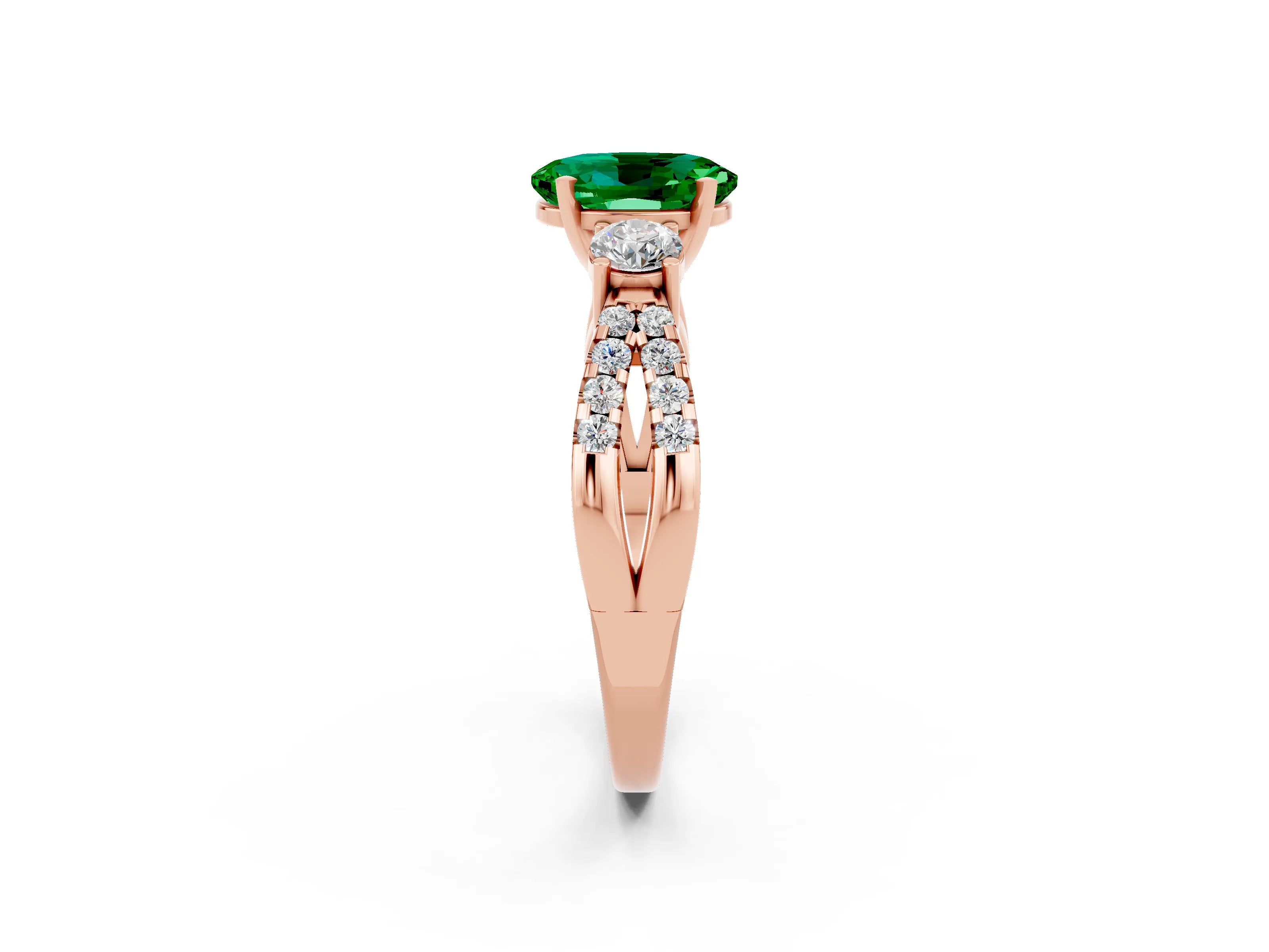 Rose gold Oval Cut Emerald Three-Stone Ring with Pavé Split Shank and Four-Prong Setting_14
