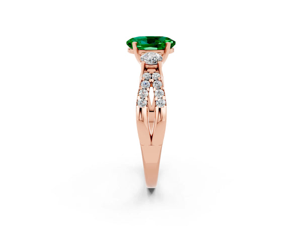 Rose gold Oval Cut Emerald Three-Stone Ring with Pavé Split Shank and Four-Prong Setting
