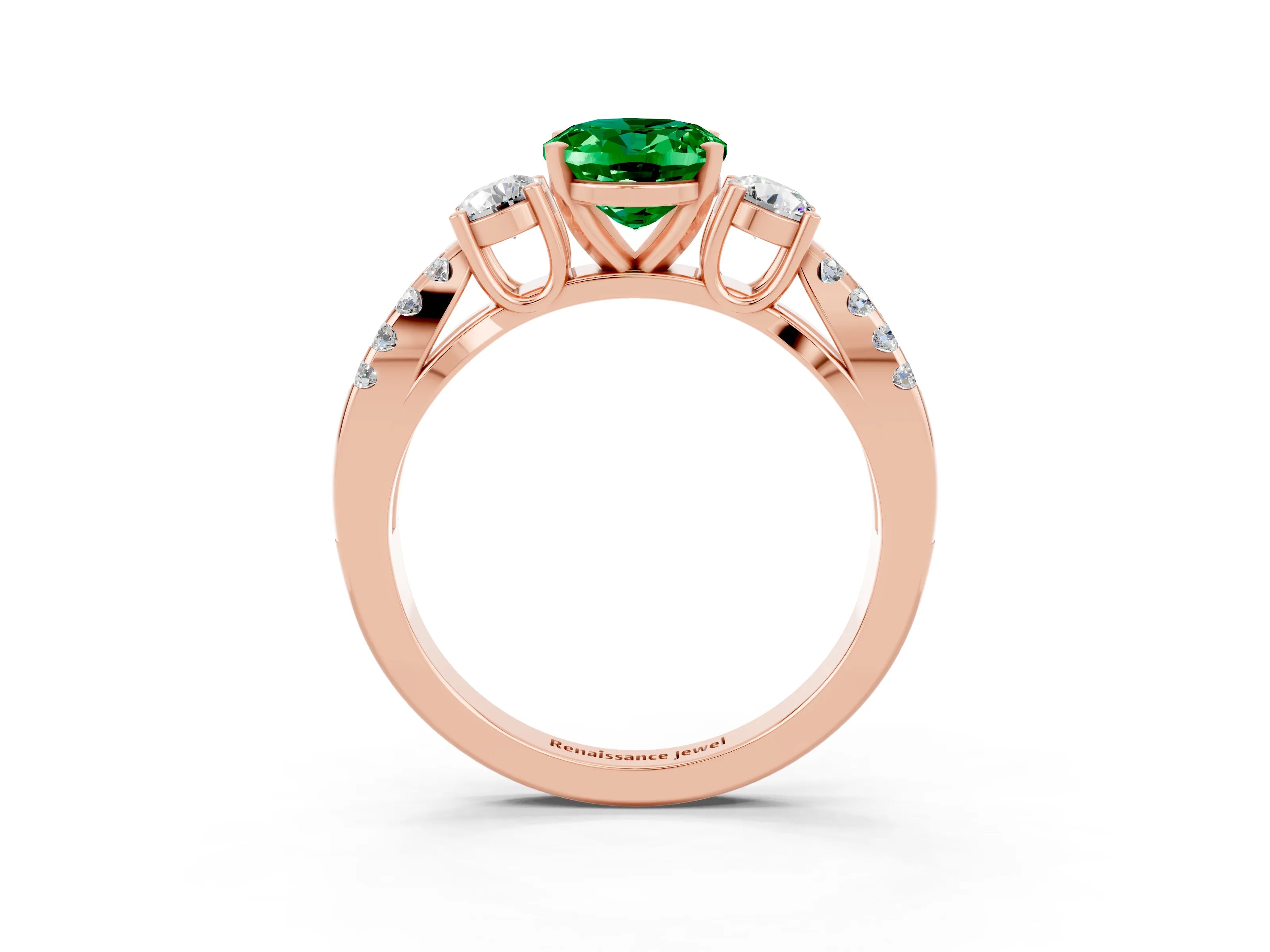 Rose gold Oval Cut Emerald Three-Stone Ring with Pavé Split Shank and Four-Prong Setting_15