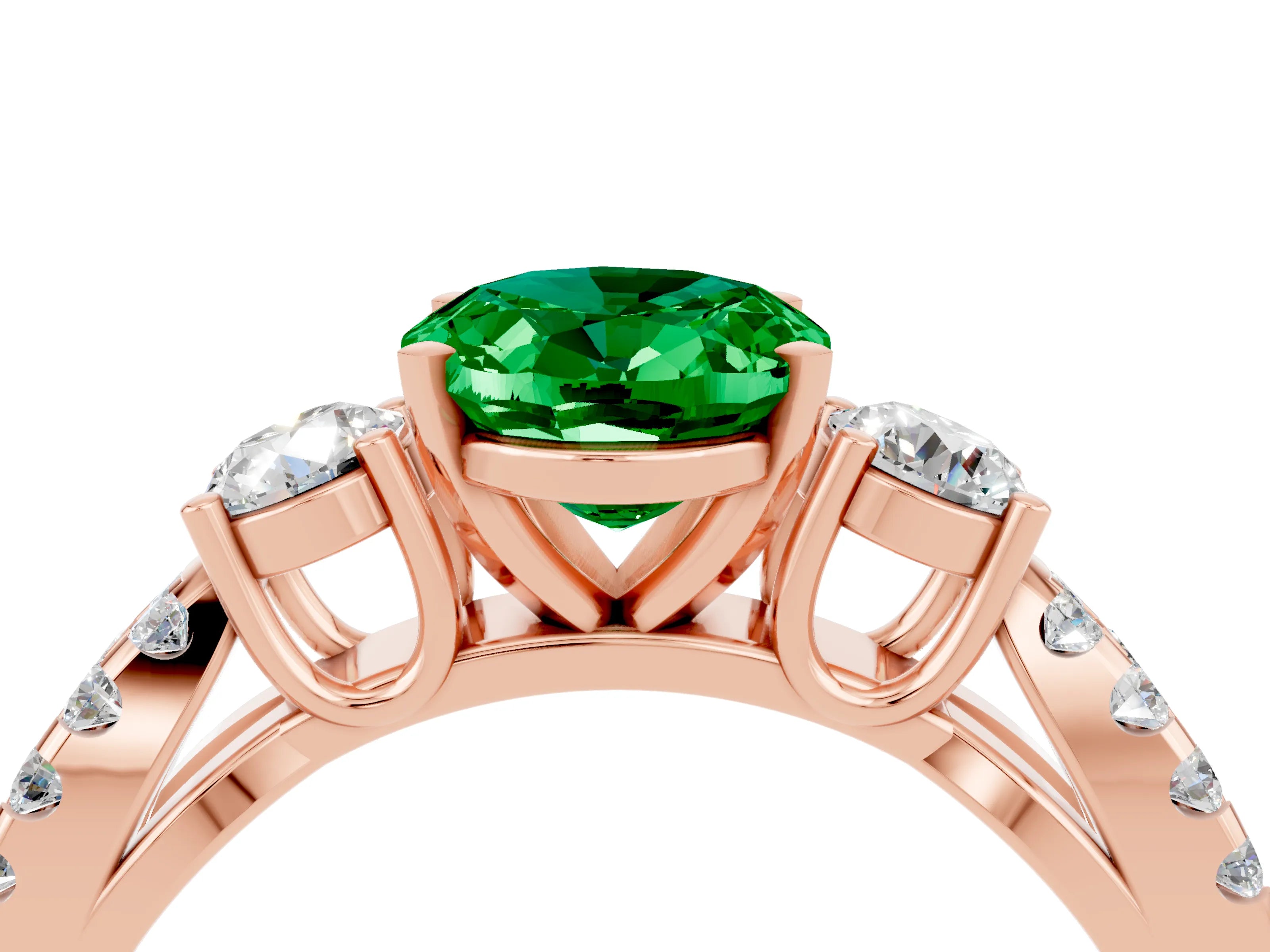 Rose gold Oval Cut Emerald Three-Stone Ring with Pavé Split Shank and Four-Prong Setting_16