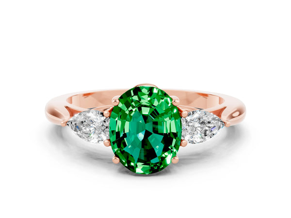 Rose gold Oval Cut Emerald Three-Stone Ring with Pear  Side Stones and Prong Setting