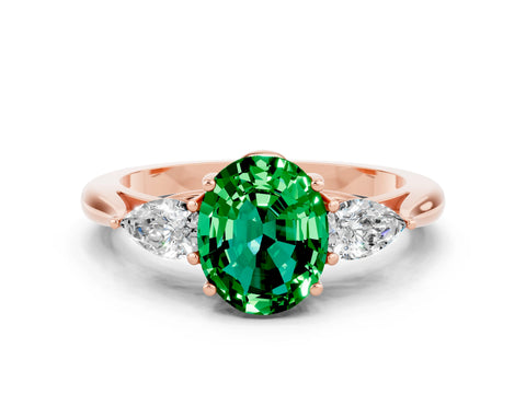 Rose gold Oval Cut Emerald Three-Stone Ring with Pear Side Stones and Four-Prong Setting_36