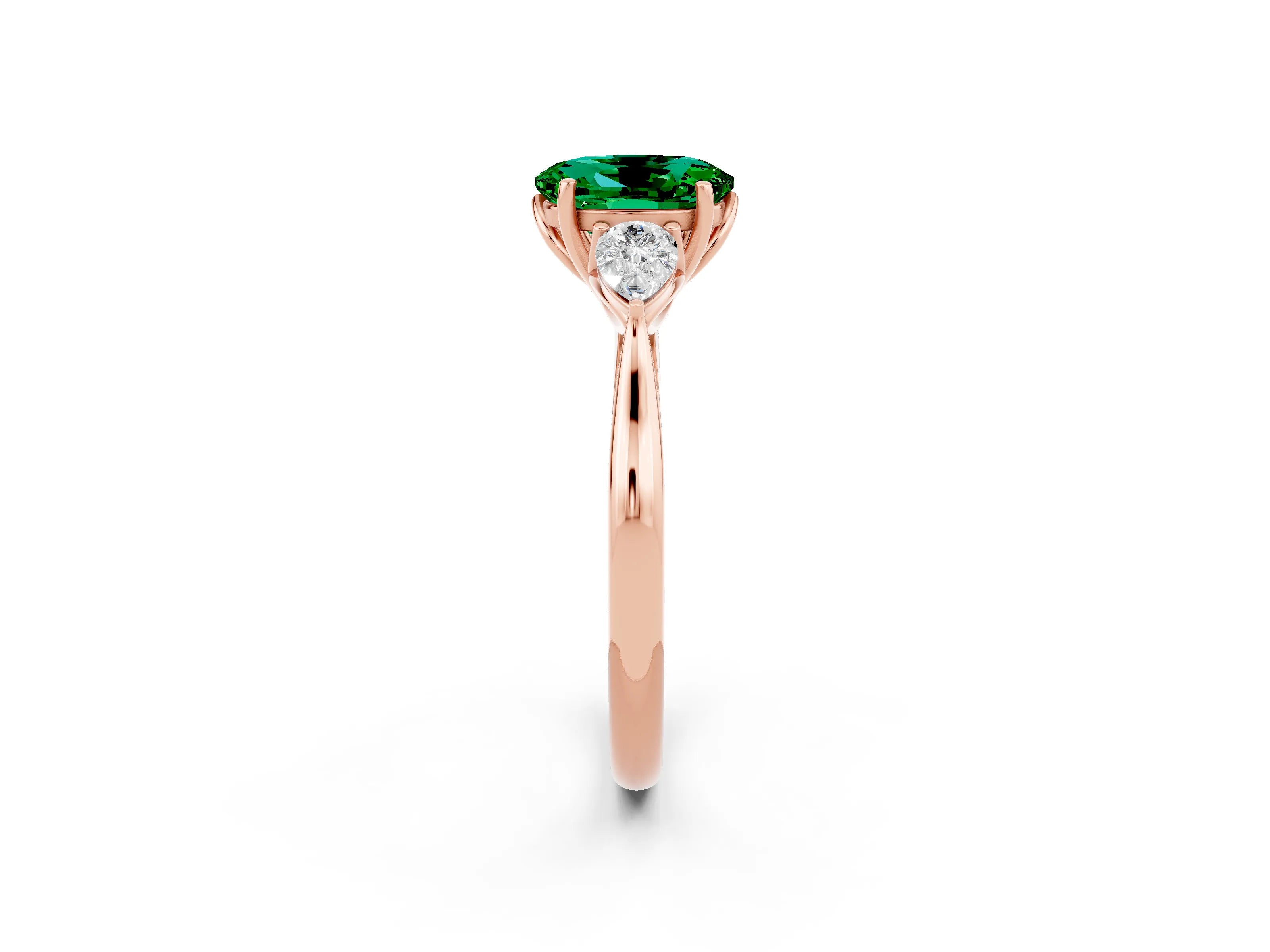 Rose gold Oval Cut Emerald Three-Stone Ring with Pear Side Stones and Four-Prong Setting_38