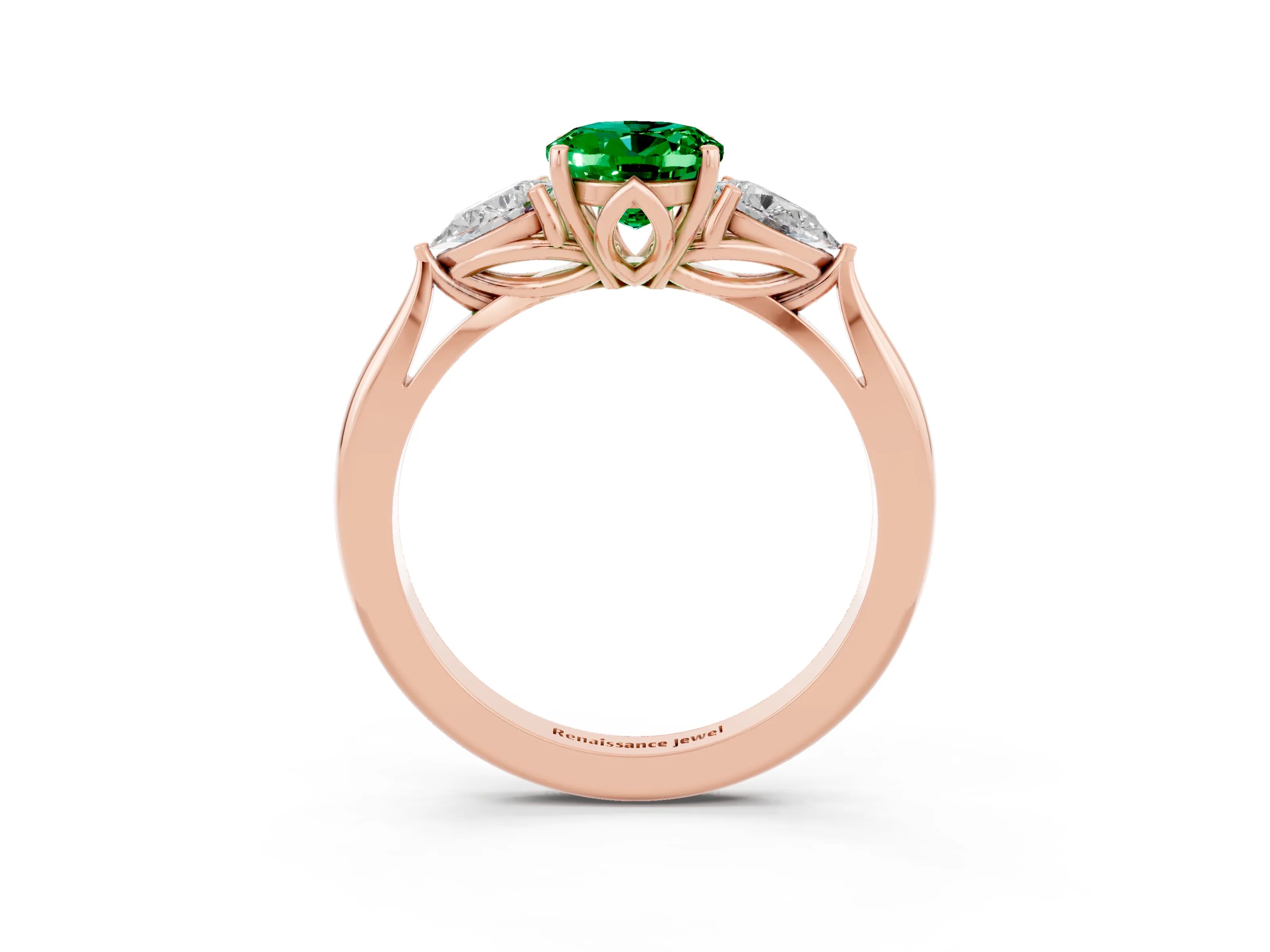 Rose gold Oval Cut Emerald Three-Stone Ring with Pear Side Stones and Four-Prong Setting_39