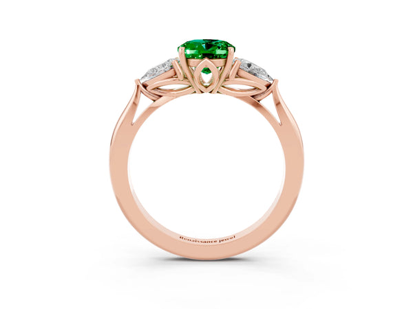 Rose gold Oval Cut Emerald Three-Stone Ring with Pear  Side Stones and Prong Setting