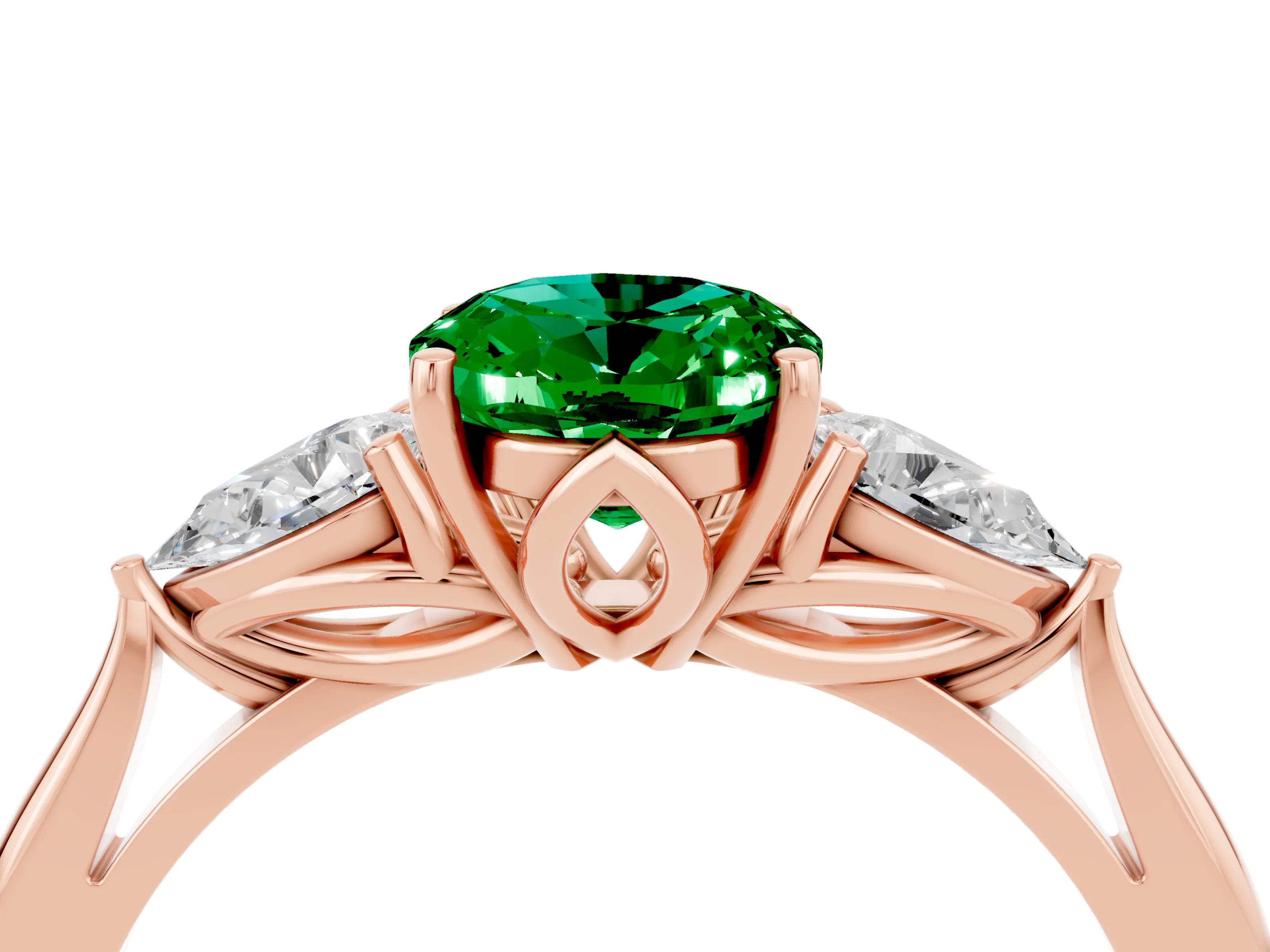 Rose gold Oval Cut Emerald Three-Stone Ring with Pear Side Stones and Four-Prong Setting_40