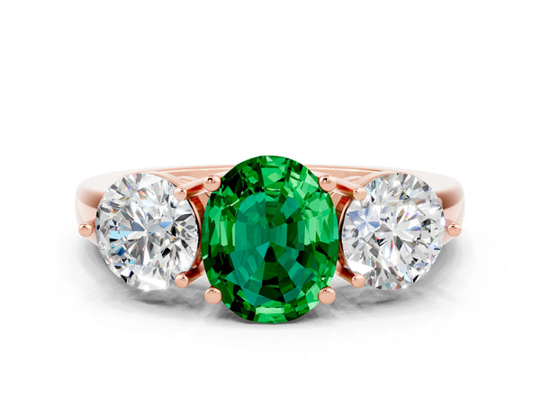 Rose gold Oval Cut Emerald Three-Stone Ring with Prong Setting and Classic Band