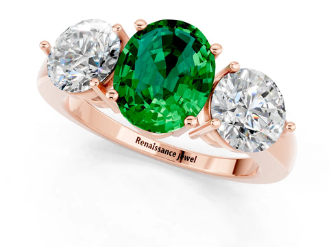 Rose gold Oval Cut Emerald Three-Stone Ring with Prong Setting and Classic Band_1