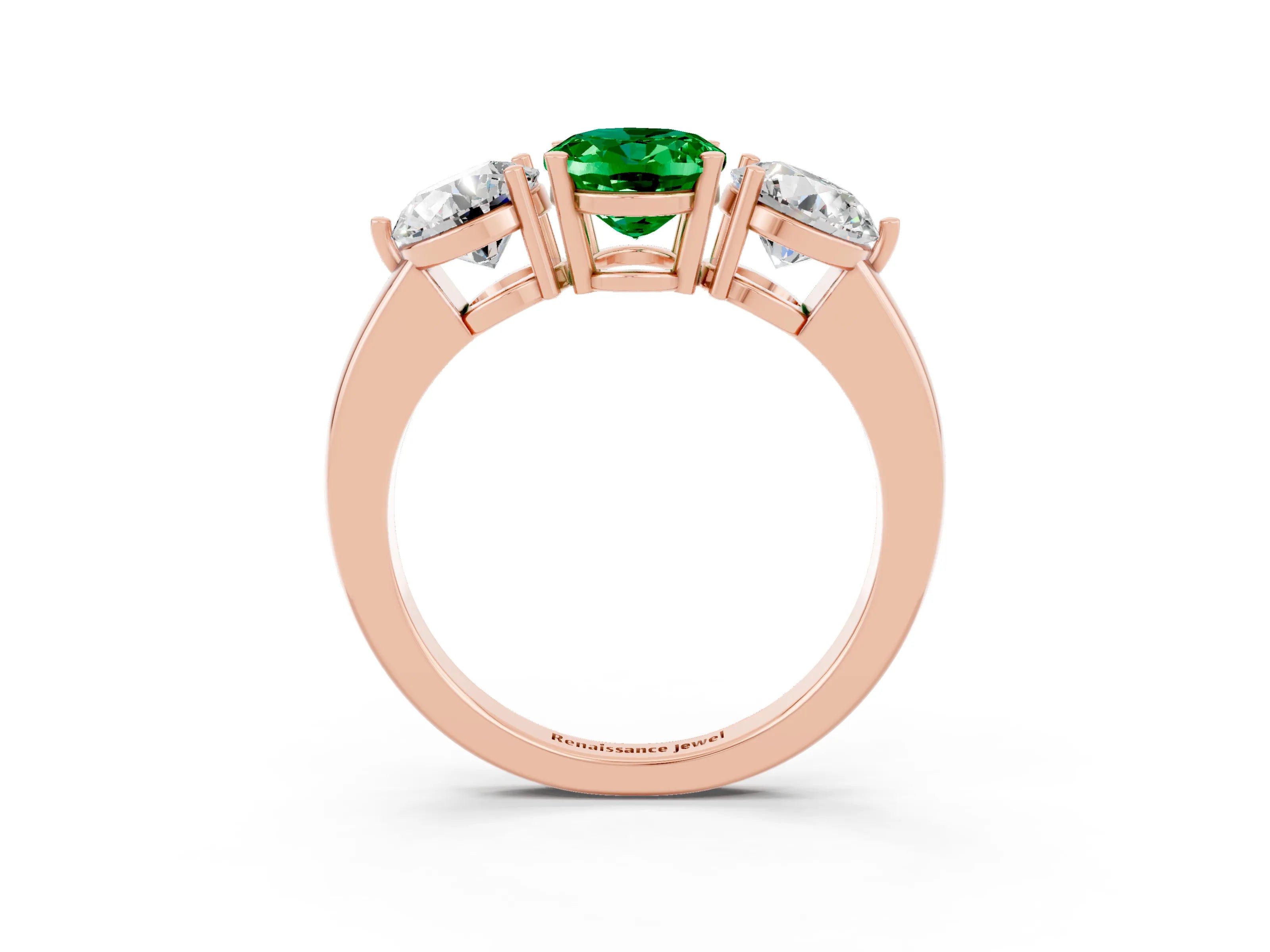 Rose gold Oval Cut Emerald Three-Stone Ring with Prong Setting and Classic Band_3