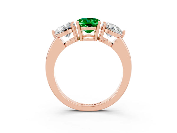 Rose gold Oval Cut Emerald Three-Stone Ring with Prong Setting and Classic Band