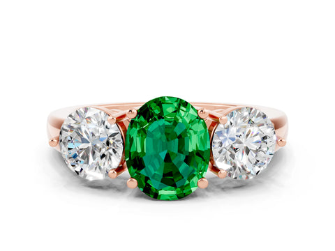 Rose gold Oval Cut Emerald Three-Stone Ring with Prong Setting and Classic Band