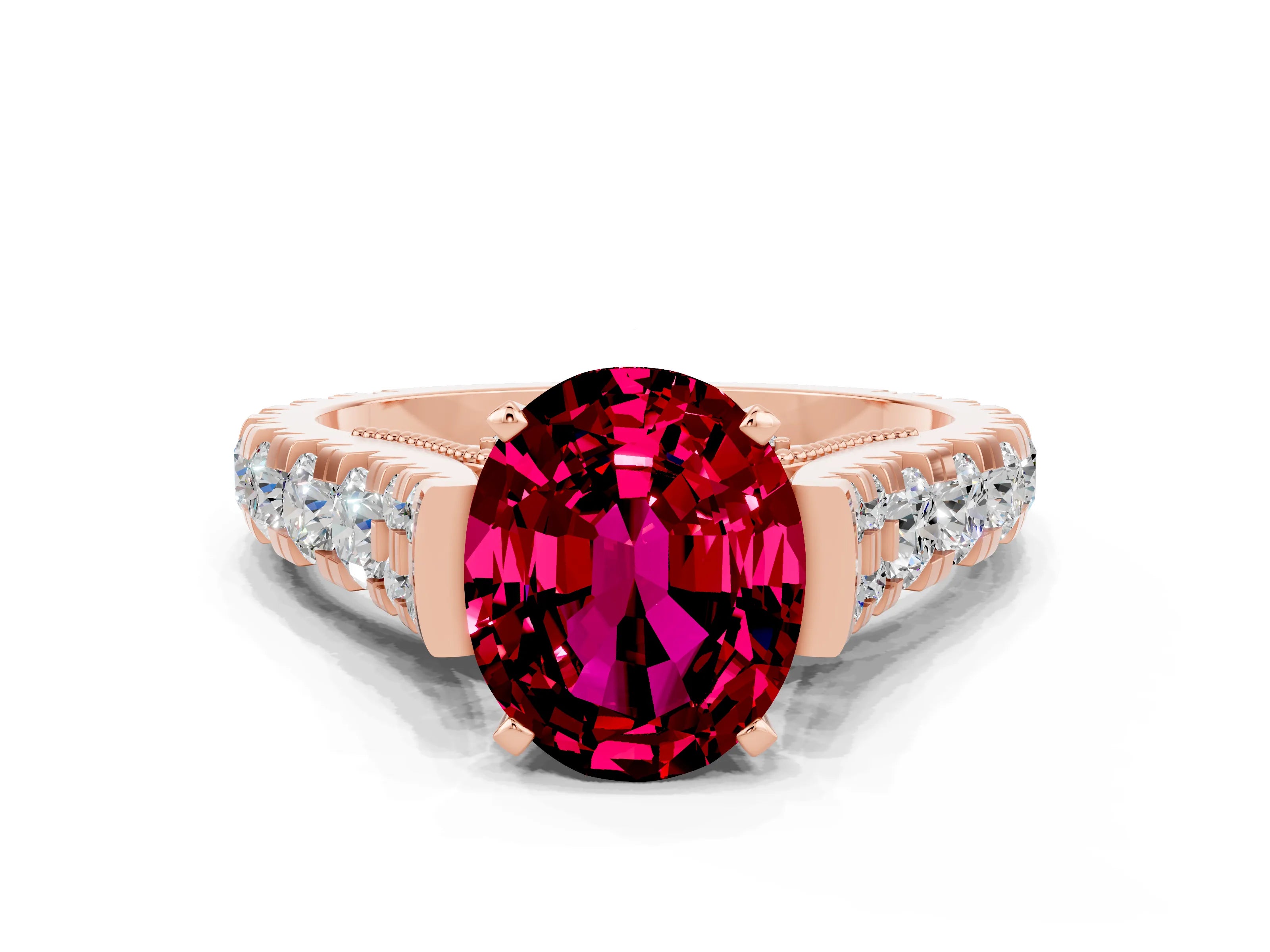 Rose gold Oval Cut Garnet Classic Solitaire Ring with Pavé Band and Four-Prong Setting