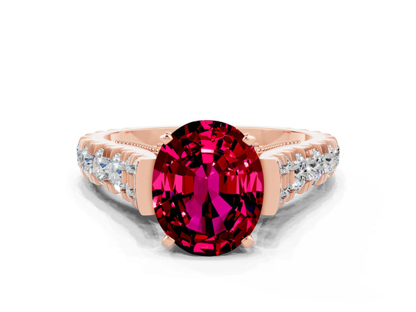 Rose gold Oval Cut Garnet Classic Solitaire Ring with Pavé Band and Four-Prong Setting