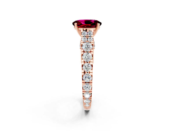 Rose gold Oval Cut Garnet Classic Solitaire Ring with Pavé Band and Four-Prong Setting