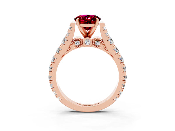 Rose gold Oval Cut Garnet Classic Solitaire Ring with Pavé Band and Four-Prong Setting