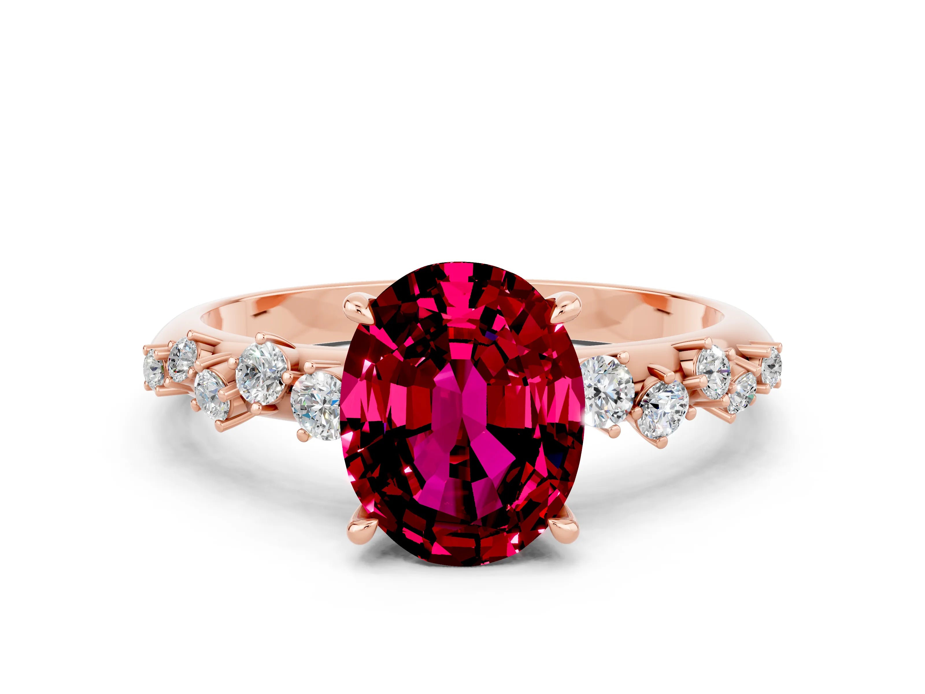 Rose gold Oval Cut Garnet Cluster Side Stone Solitaire Ring with Prong Setting_24