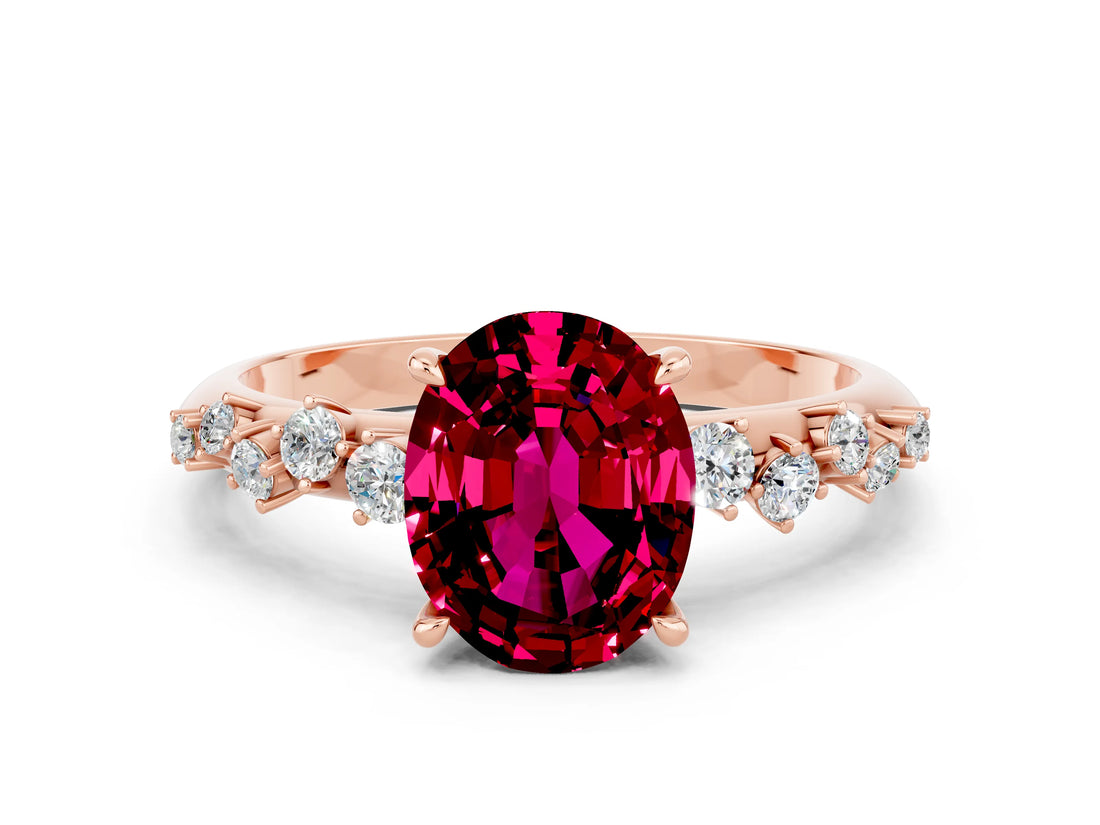 Rose gold Oval Cut Garnet Cluster Side Stone Solitaire Ring with Prong Setting_24