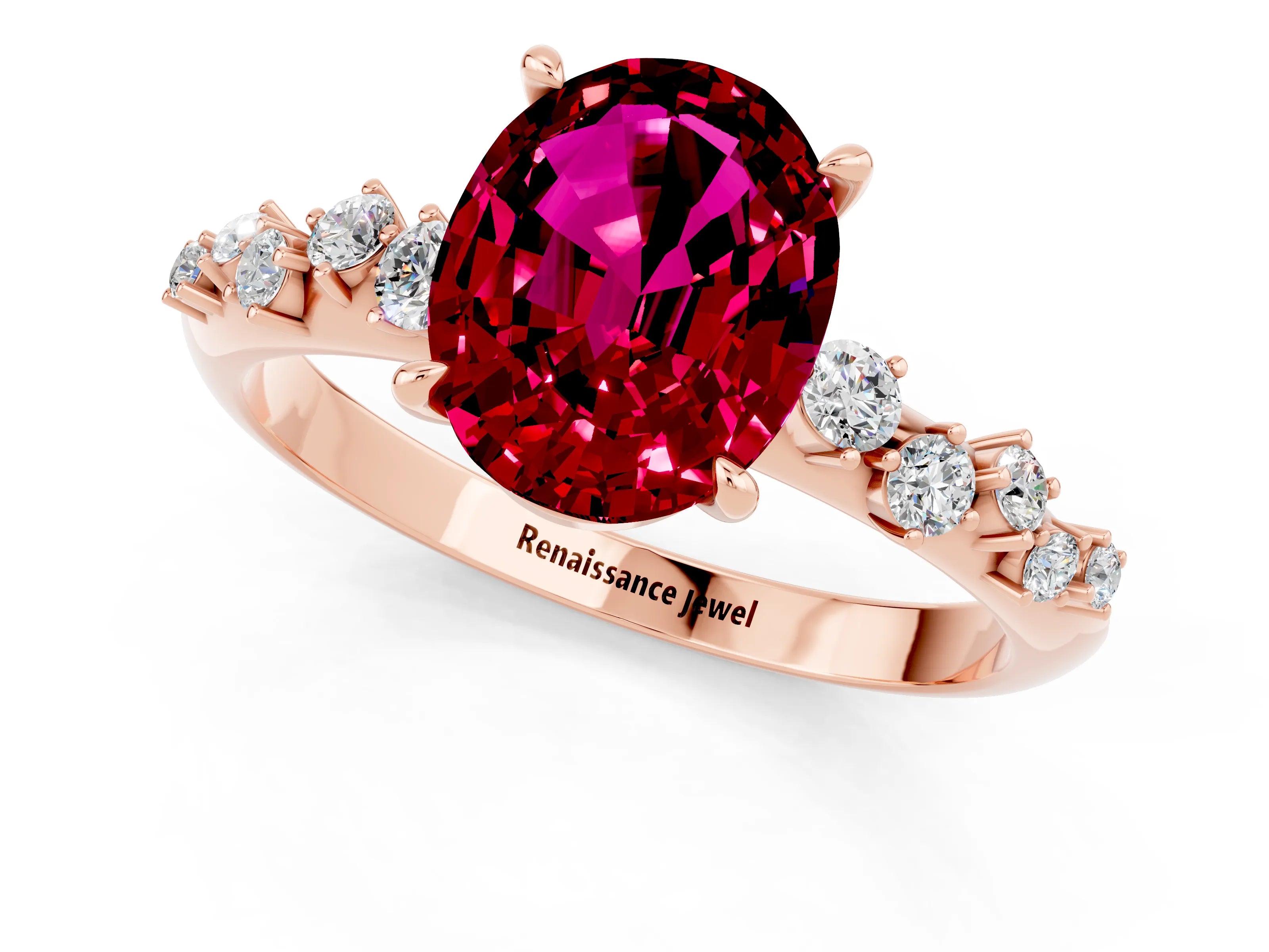 Rose gold Oval Cut Garnet Cluster Side Stone Solitaire Ring with Prong Setting_25