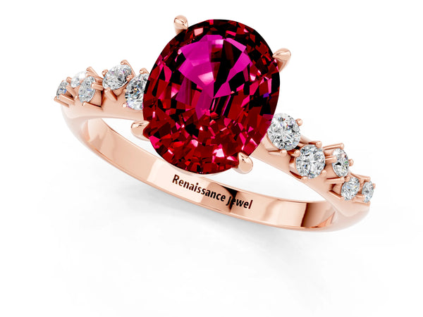 Rose gold Oval Cut Garnet Cluster Side Stone Solitaire Ring with Prong Setting