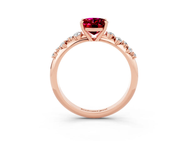 Rose gold Oval Cut Garnet Cluster Side Stone Solitaire Ring with Prong Setting