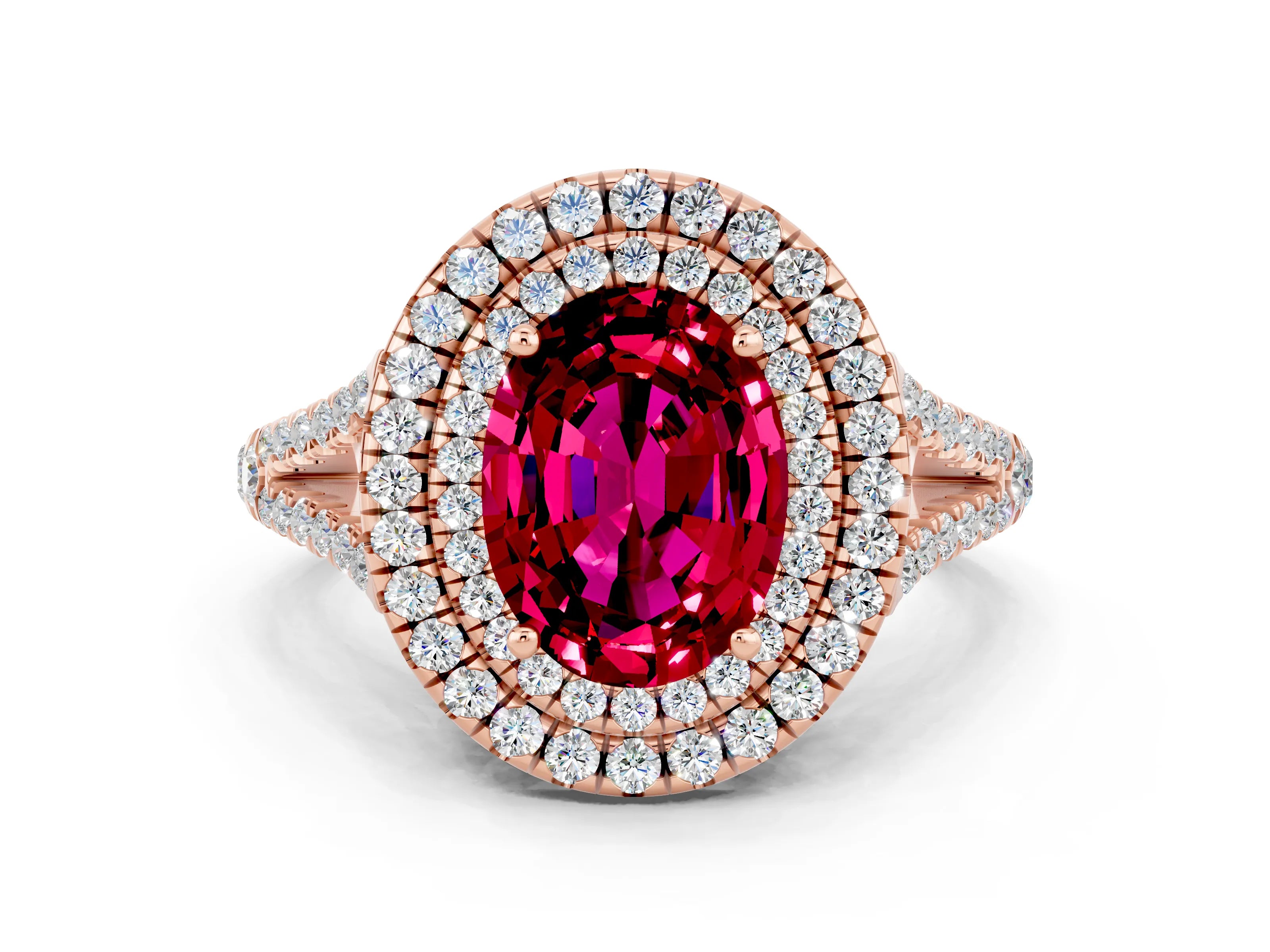 Rose gold Oval Cut Garnet Double Halo Ring with Pavé Band and Prong Setting_12