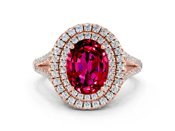 Rose gold Oval Cut Garnet Double Halo Ring with Pavé Band and Prong Setting