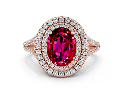 Rose gold Oval Cut Garnet Double Halo Ring with Pavé Band and Prong Setting_12