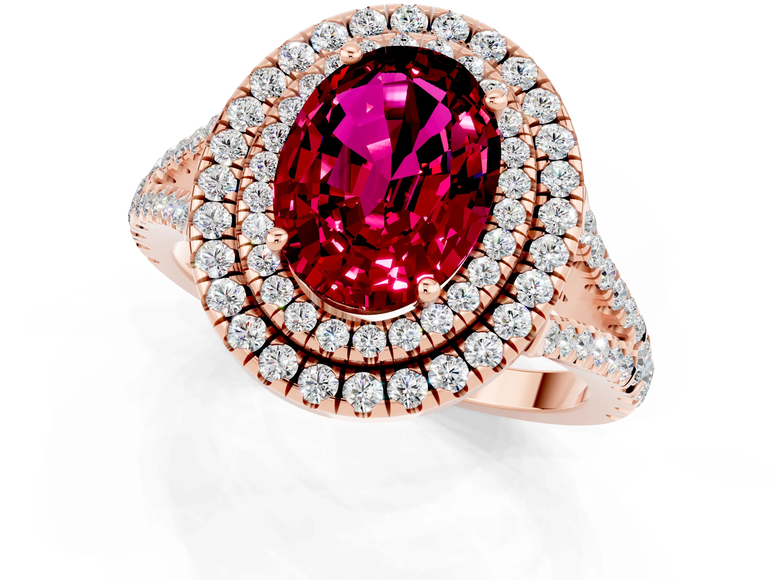 Rose gold Oval Cut Garnet Double Halo Ring with Pavé Band and Prong Setting_13