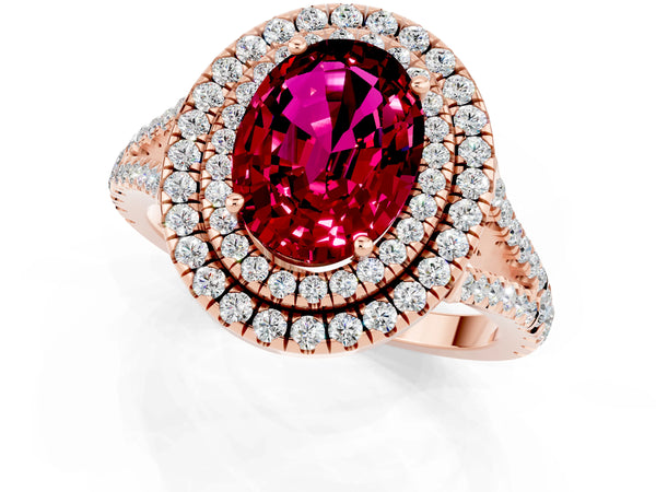 Rose gold Oval Cut Garnet Double Halo Ring with Pavé Band and Prong Setting