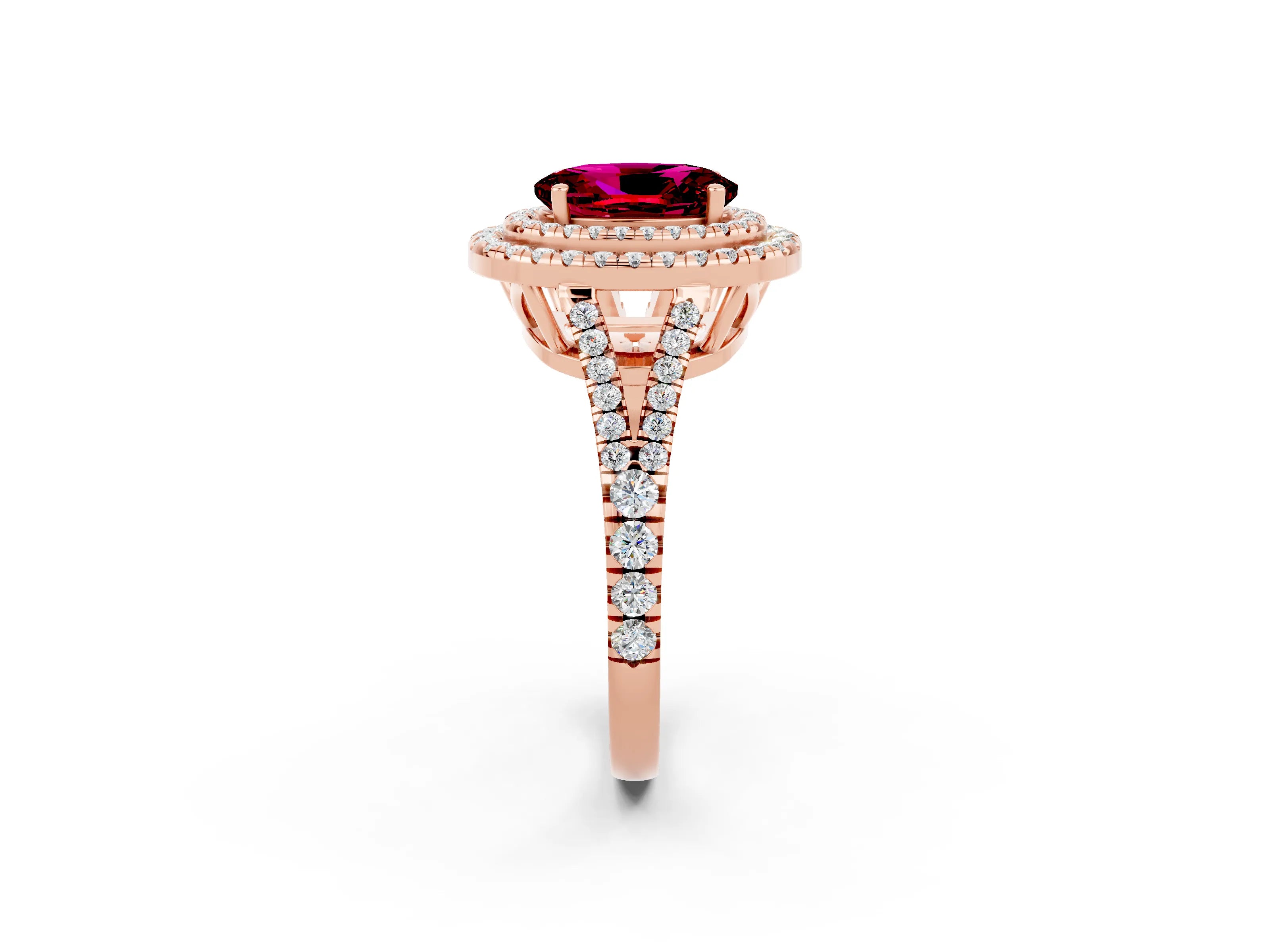 Rose gold Oval Cut Garnet Double Halo Ring with Pavé Band and Prong Setting_14