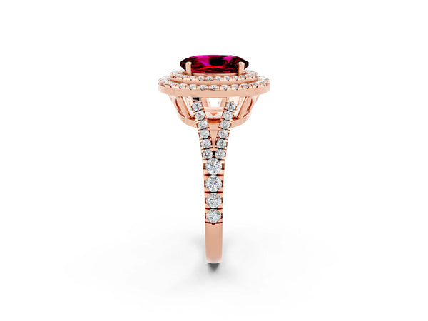 Rose gold Oval Cut Garnet Double Halo Ring with Pavé Band and Prong Setting