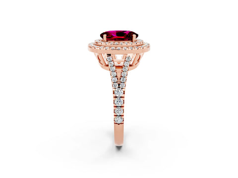 Rose gold Oval Cut Garnet Double Halo Ring with Pavé Band and Prong Setting_14