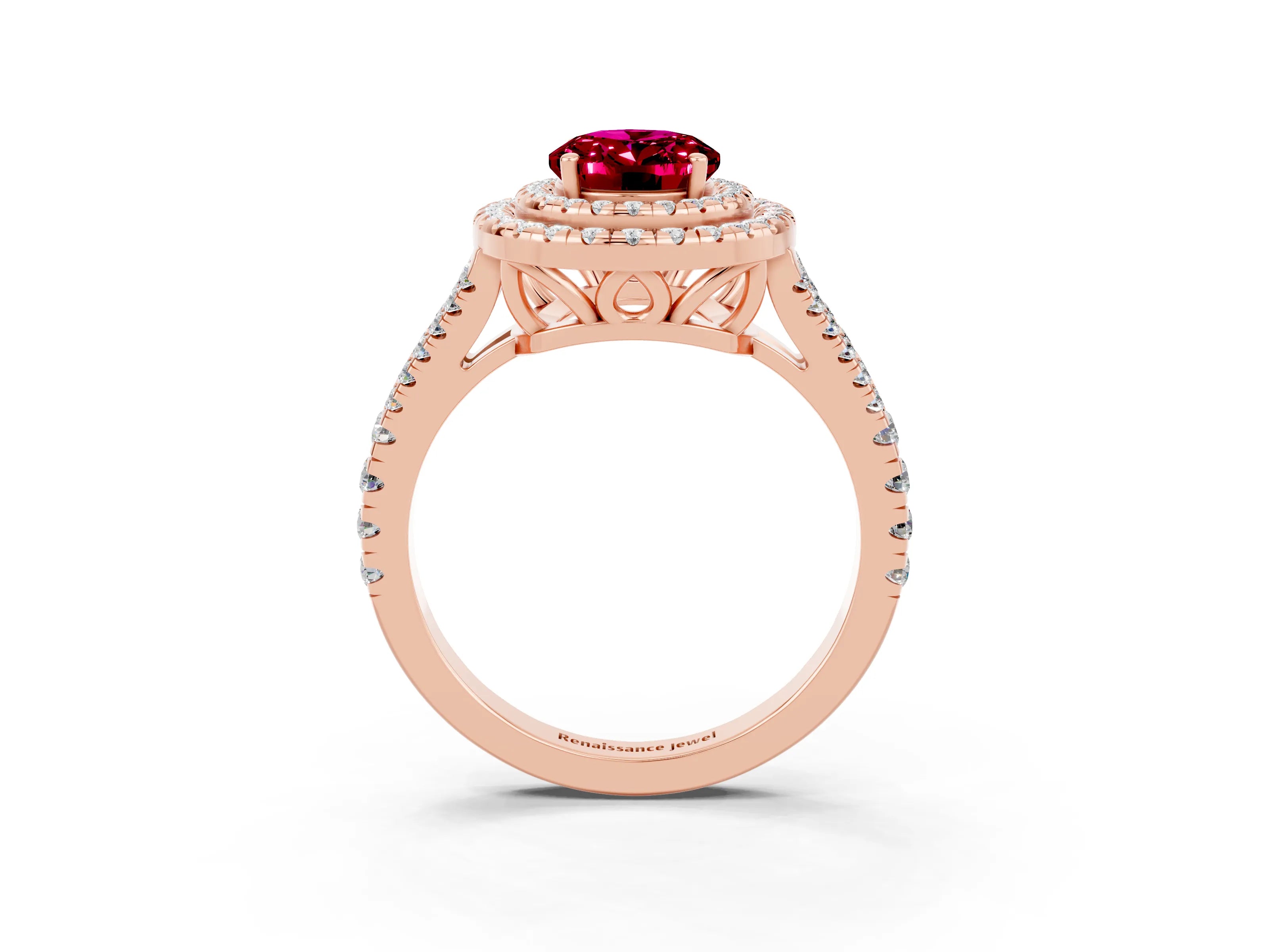 Rose gold Oval Cut Garnet Double Halo Ring with Pavé Band and Prong Setting_15