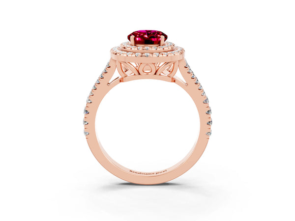 Rose gold Oval Cut Garnet Double Halo Ring with Pavé Band and Prong Setting