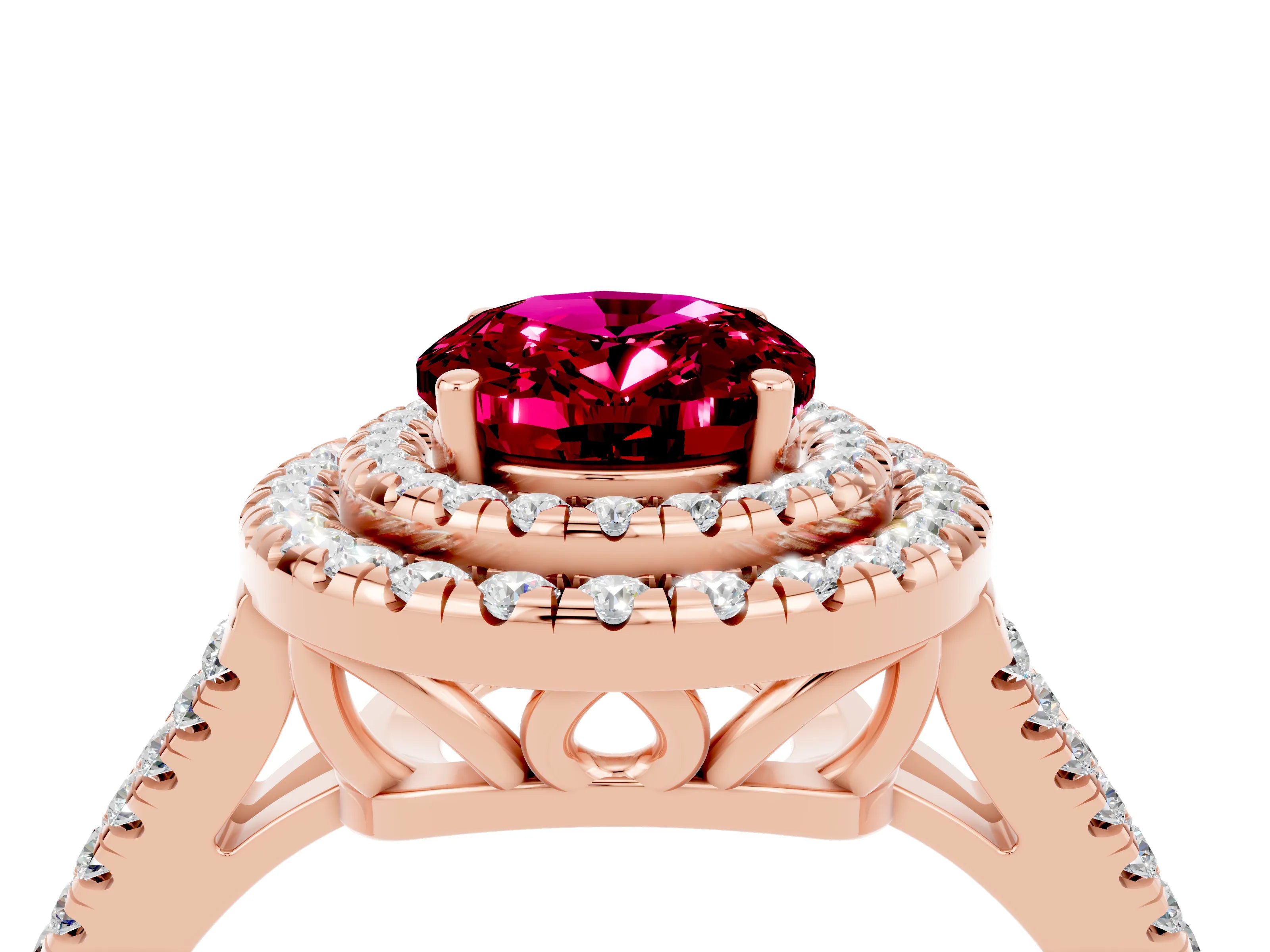 Rose gold Oval Cut Garnet Double Halo Ring with Pavé Band and Prong Setting_16