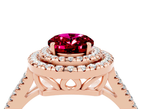 Rose gold Oval Cut Garnet Double Halo Ring with Pavé Band and Prong Setting_16