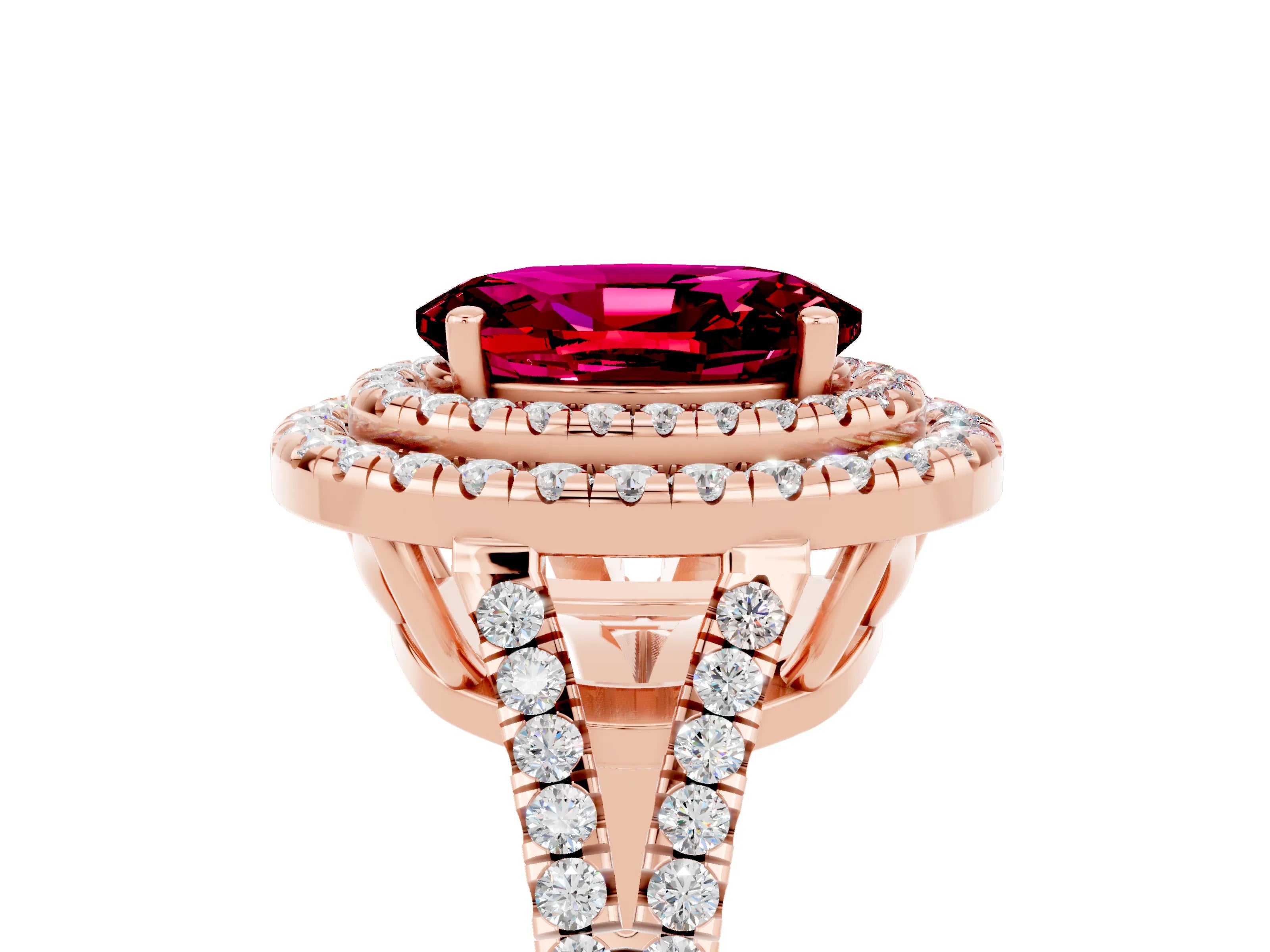 Rose gold Oval Cut Garnet Double Halo Ring with Pavé Band and Prong Setting_17