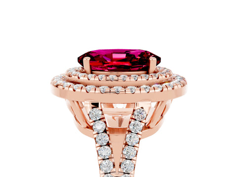 Rose gold Oval Cut Garnet Double Halo Ring with Pavé Band and Prong Setting_17