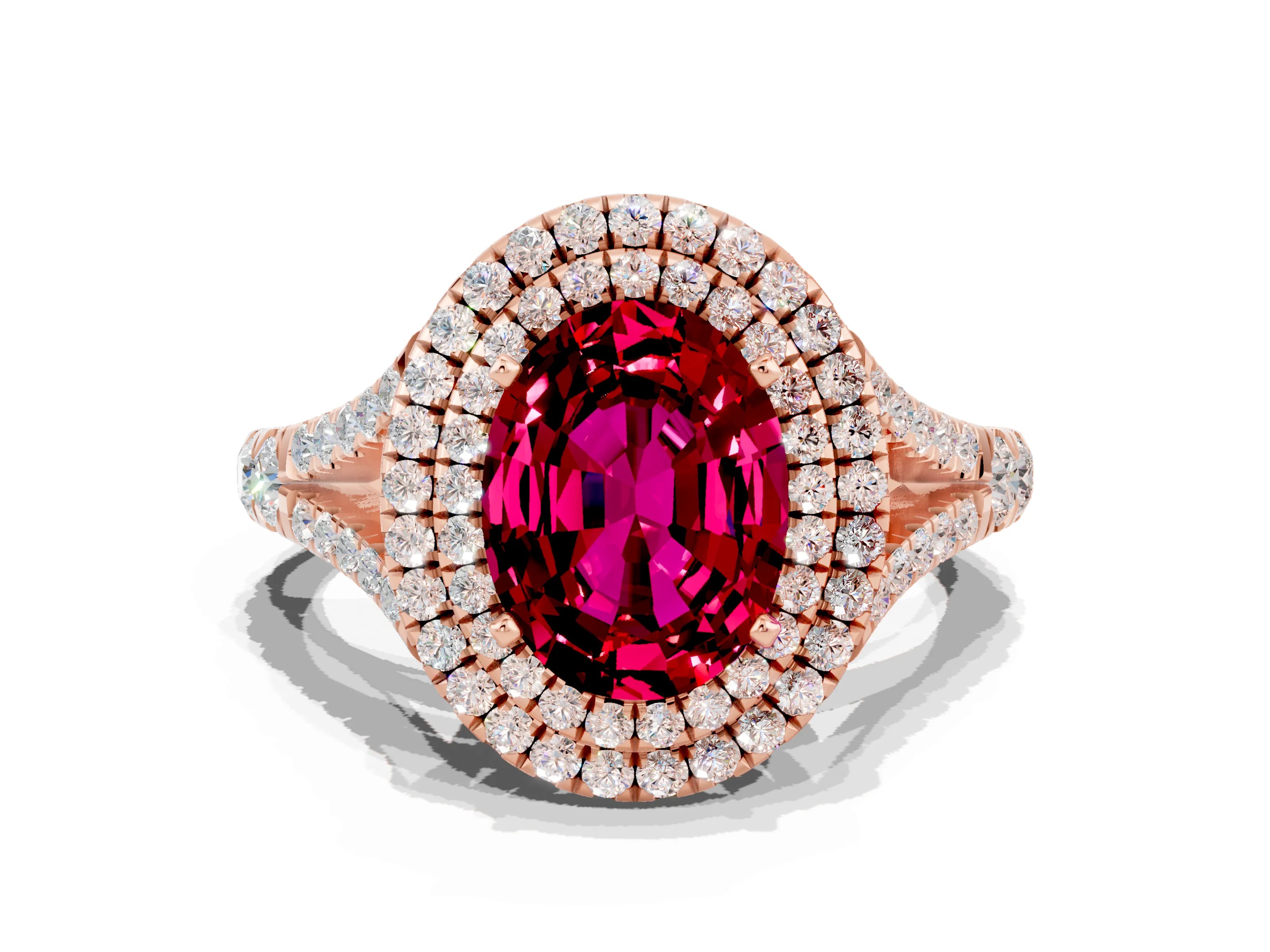 Rose gold Oval Cut Garnet Double Halo Ring with Split Shank and Prong Setting_12