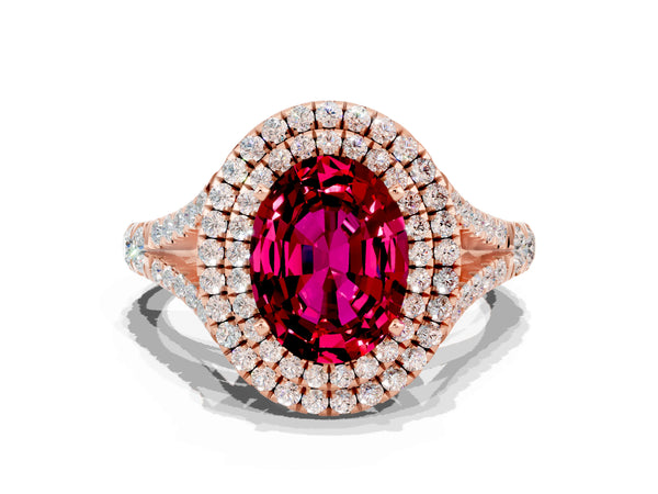 Rose gold Oval Cut Garnet Double Halo Ring with Split Shank and Prong Setting