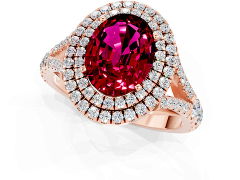 Rose gold Oval Cut Garnet Double Halo Ring with Split Shank and Prong Setting_13
