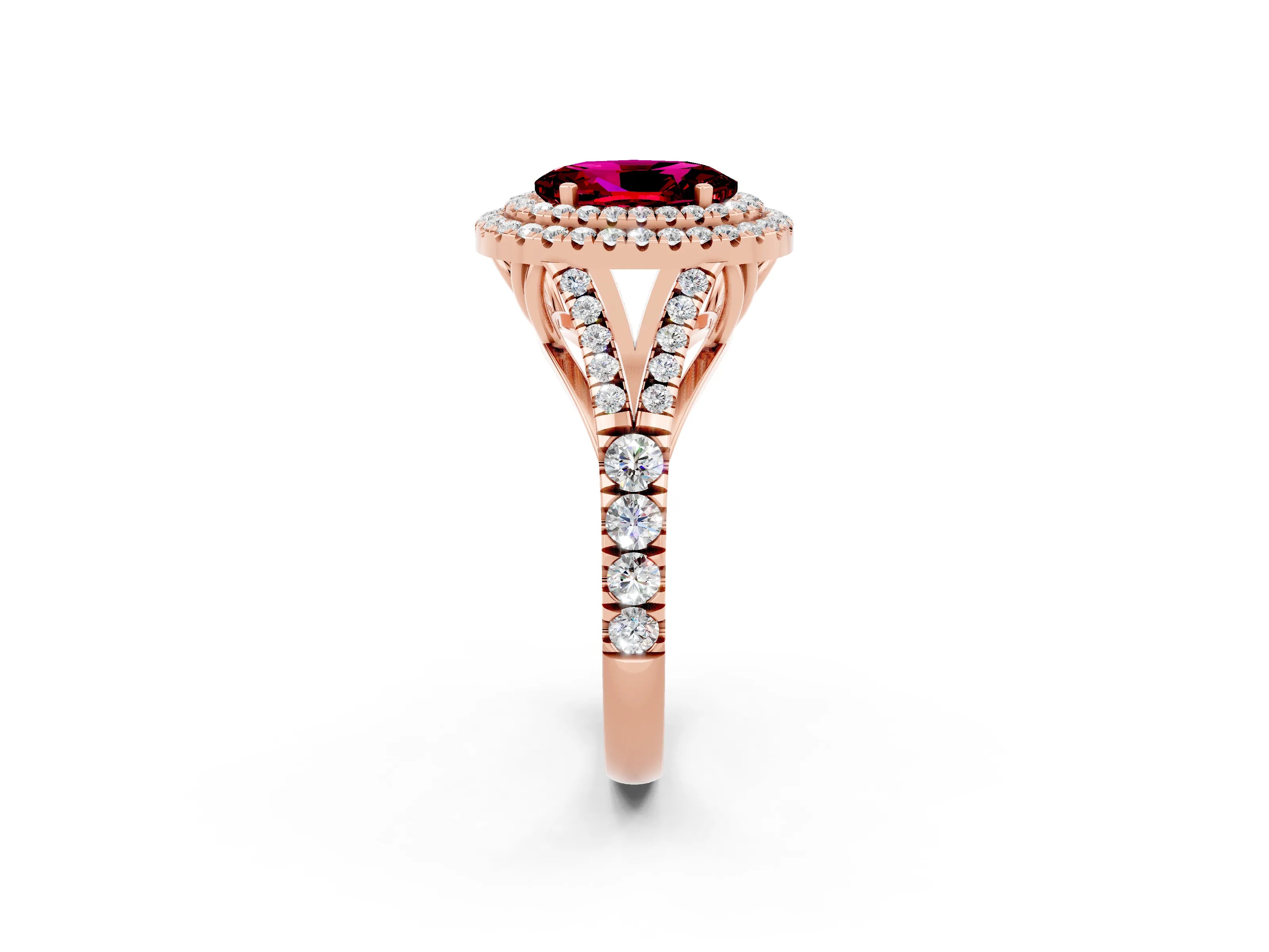 Rose gold Oval Cut Garnet Double Halo Ring with Split Shank and Prong Setting_14