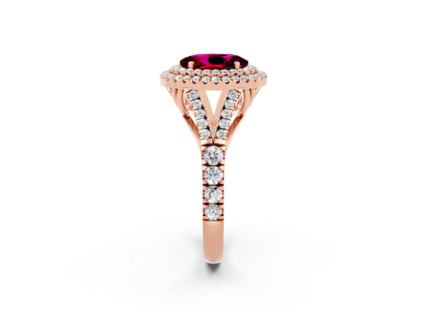 Rose gold Oval Cut Garnet Double Halo Ring with Split Shank and Prong Setting