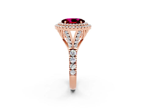 Rose gold Oval Cut Garnet Double Halo Ring with Split Shank and Prong Setting_14