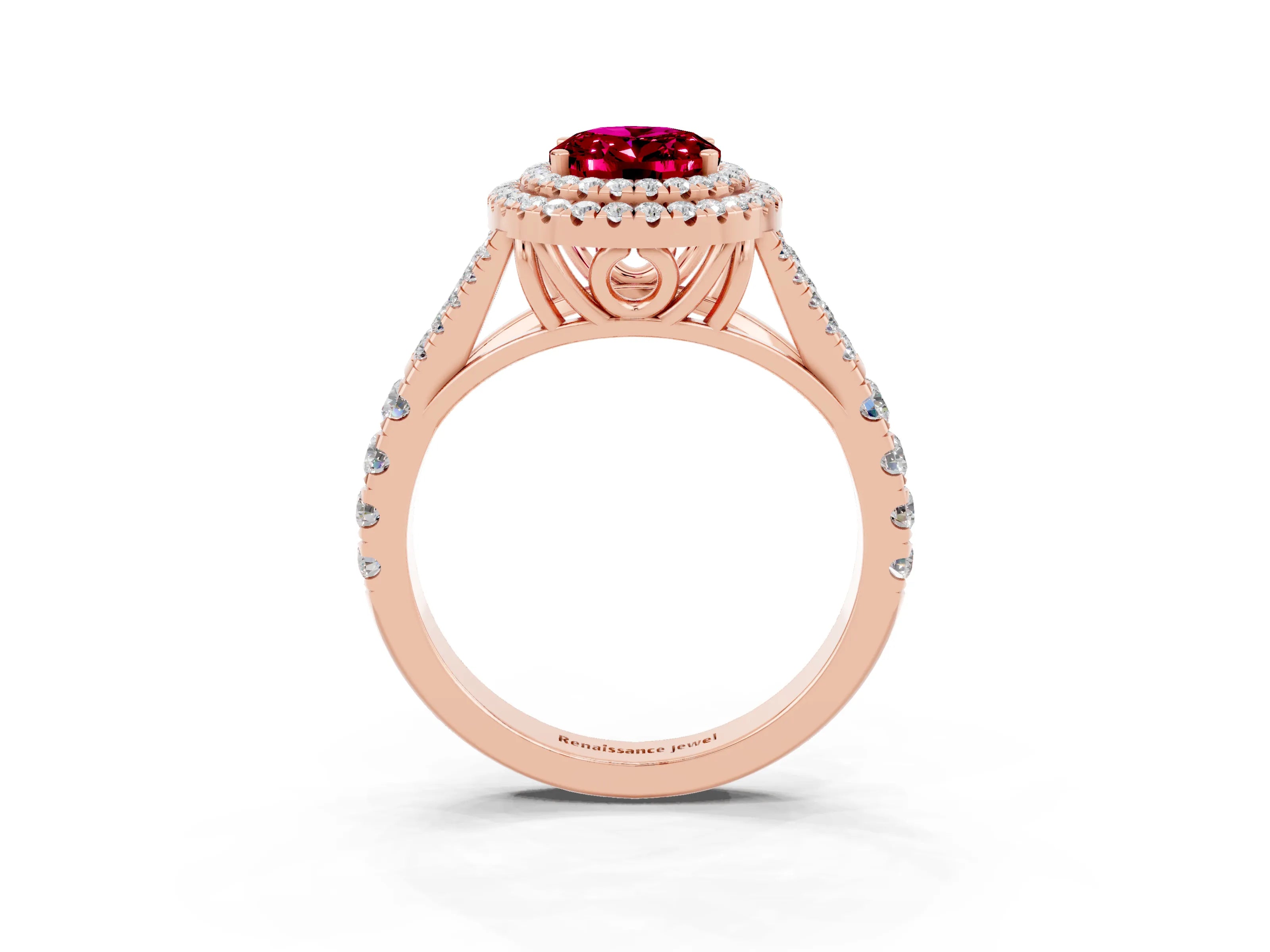 Rose gold Oval Cut Garnet Double Halo Ring with Split Shank and Prong Setting_15