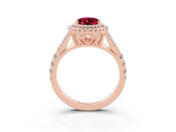 Rose gold Oval Cut Garnet Double Halo Ring with Split Shank and Prong Setting