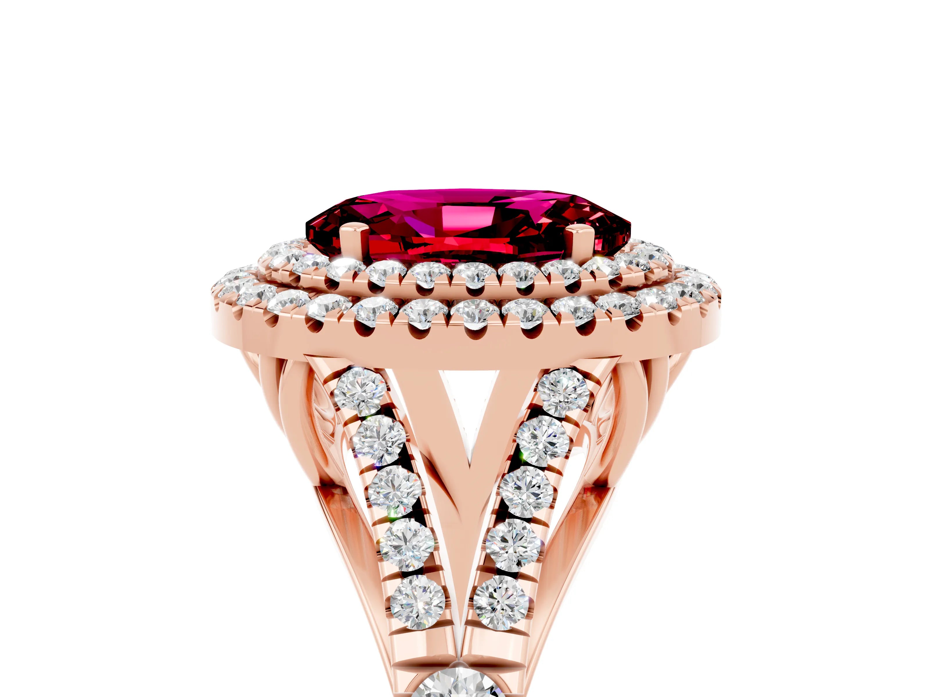 Rose gold Oval Cut Garnet Double Halo Ring with Split Shank and Prong Setting_17