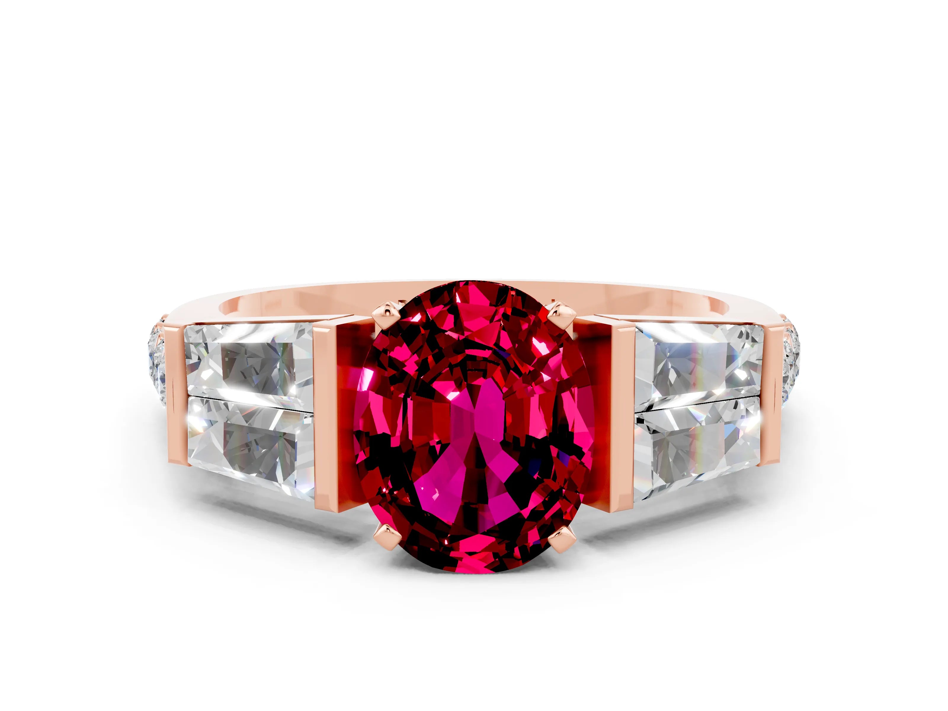 Rose gold Oval Cut Garnet Engagement Ring with Baguette Side Stones and Channel Set Band