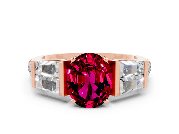 Rose gold Oval Cut Garnet Engagement Ring with Baguette Side Stones and Channel Set Band