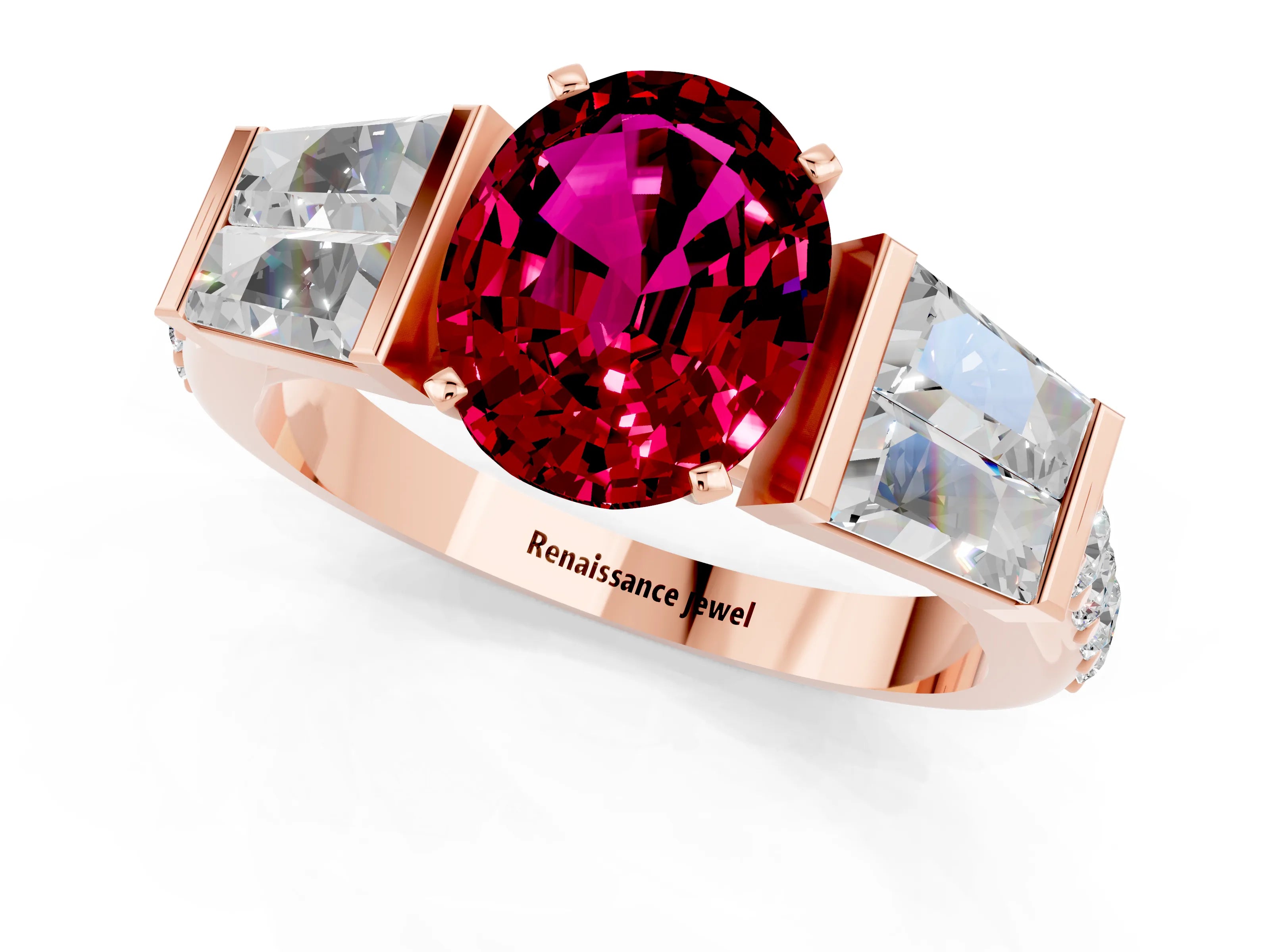 Rose gold Oval Cut Garnet Engagement Ring with Baguette Side Stones and Channel Set Band_1